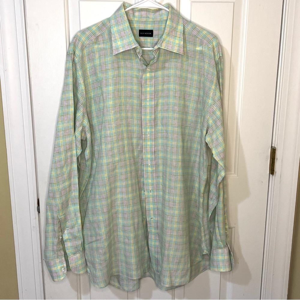 Guy Rover Men Plaid 100% Linen Marine Blue Yellow Purple Button Up Shirt, Large